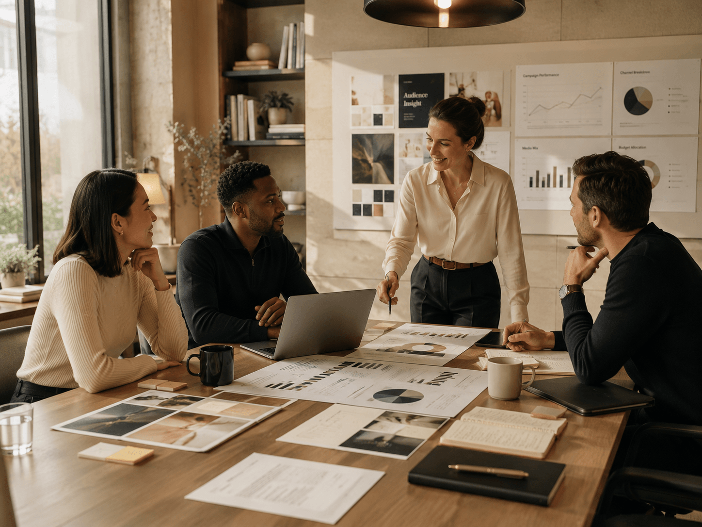 A senior marketing strategy team reviewing audience insights around a table