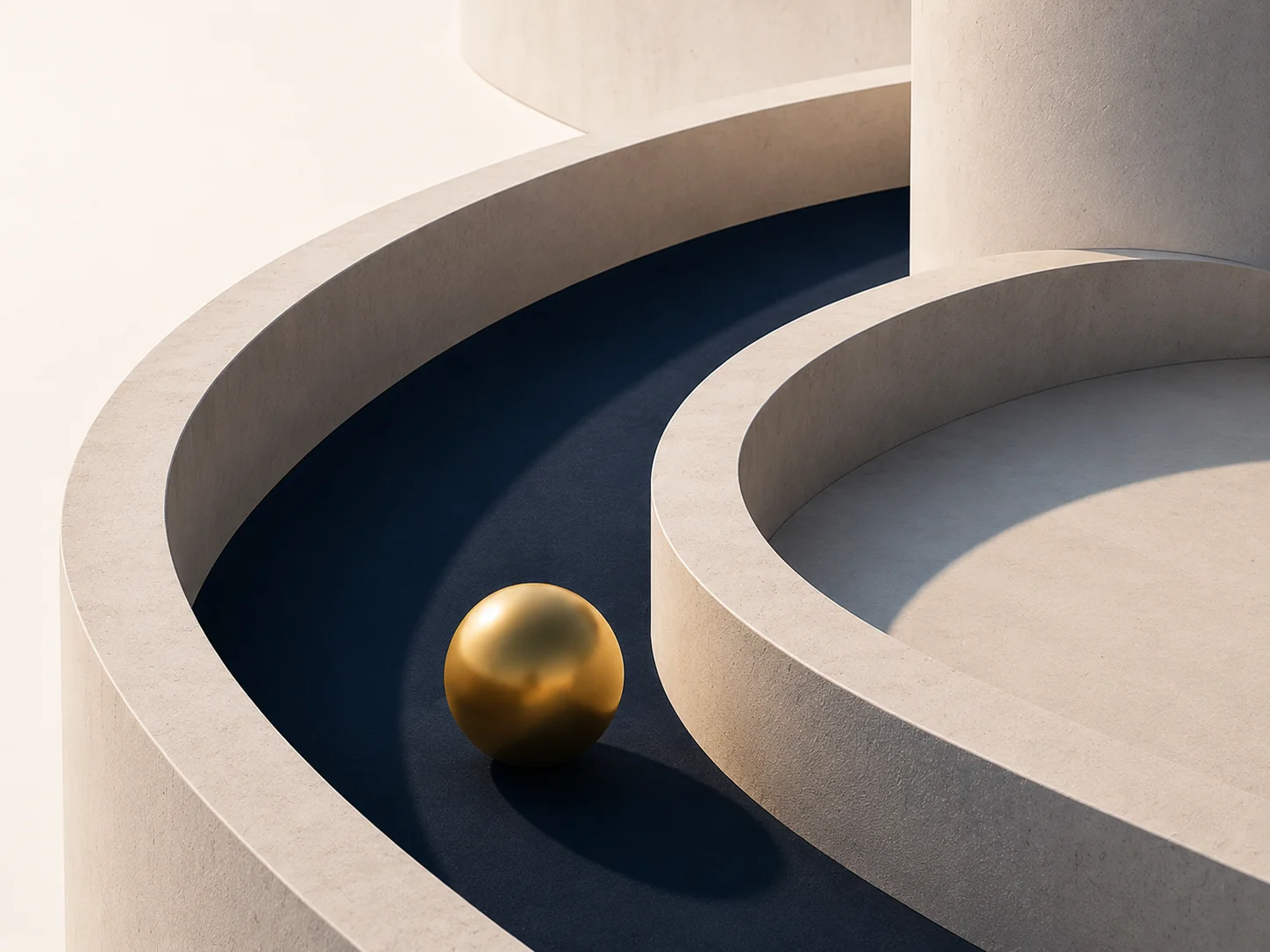 An abstract architectural form in navy and cream cradling a single gold sphere, echoing the CodeSM Finance palette